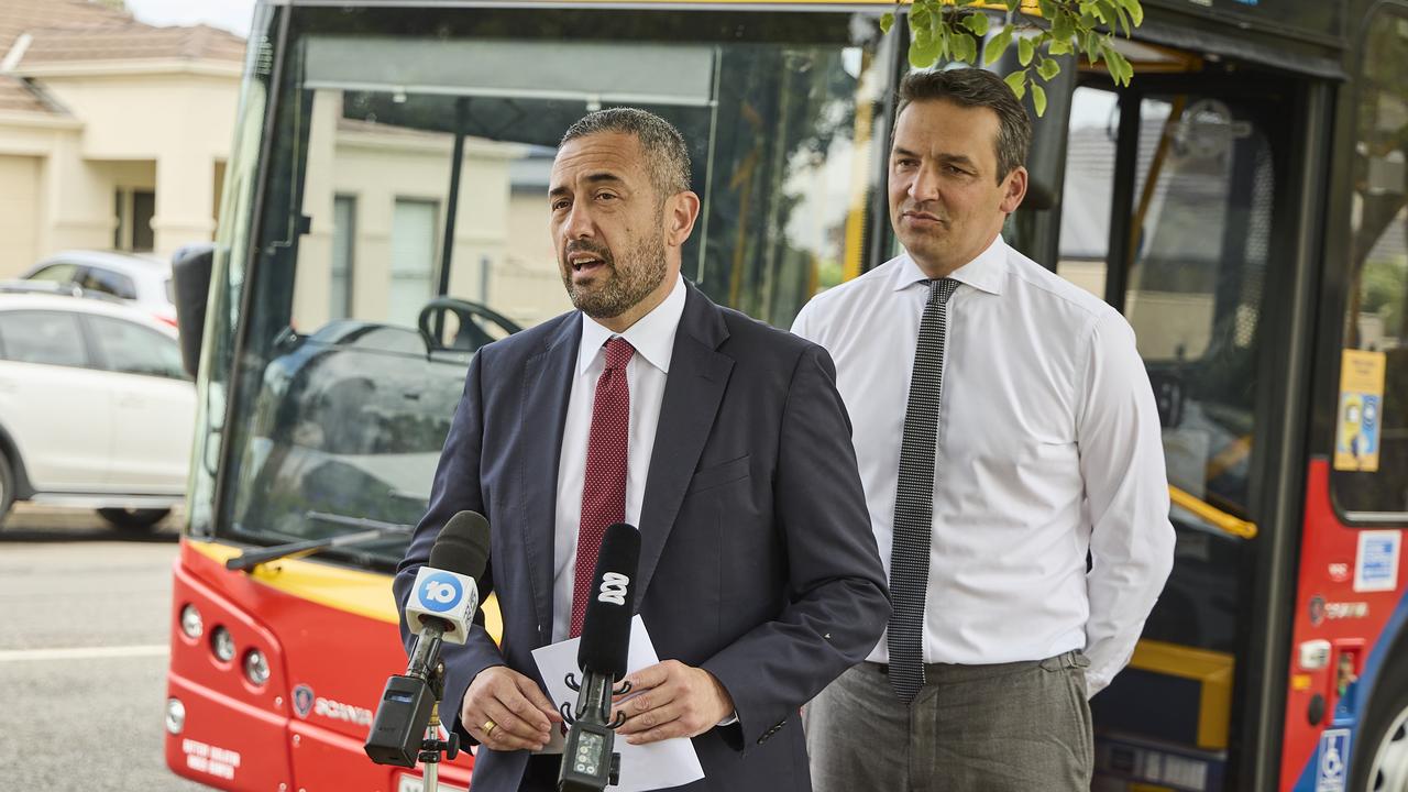 Transport Minister Tom Koutsantonis and Education Minister Blair Boyer announcing new buses for schools last week. Picture: Matt Loxton