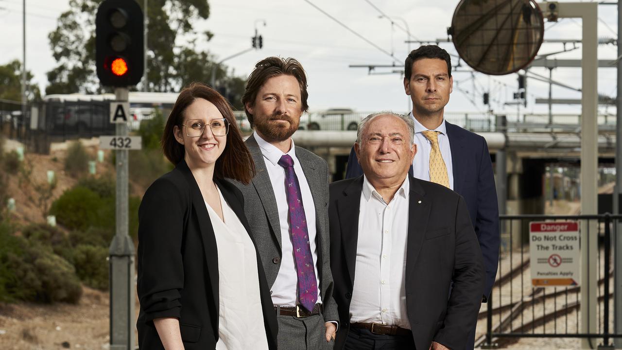 Elena Garcia, with engineers Edwin Michell, Luigi Rossi and Jesus Rodriguez from Talgo at the Adelaide Showground stop in Wayville in 2022. Picture: Matt Loxton
