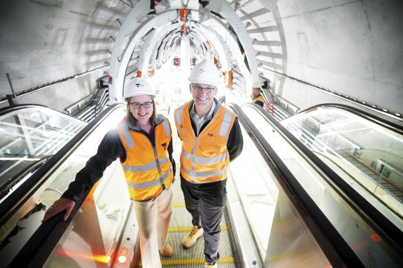 Premier Jacinta Allan and Transport Infrastructure Minister Danny Pearson at the new State Library station this month.