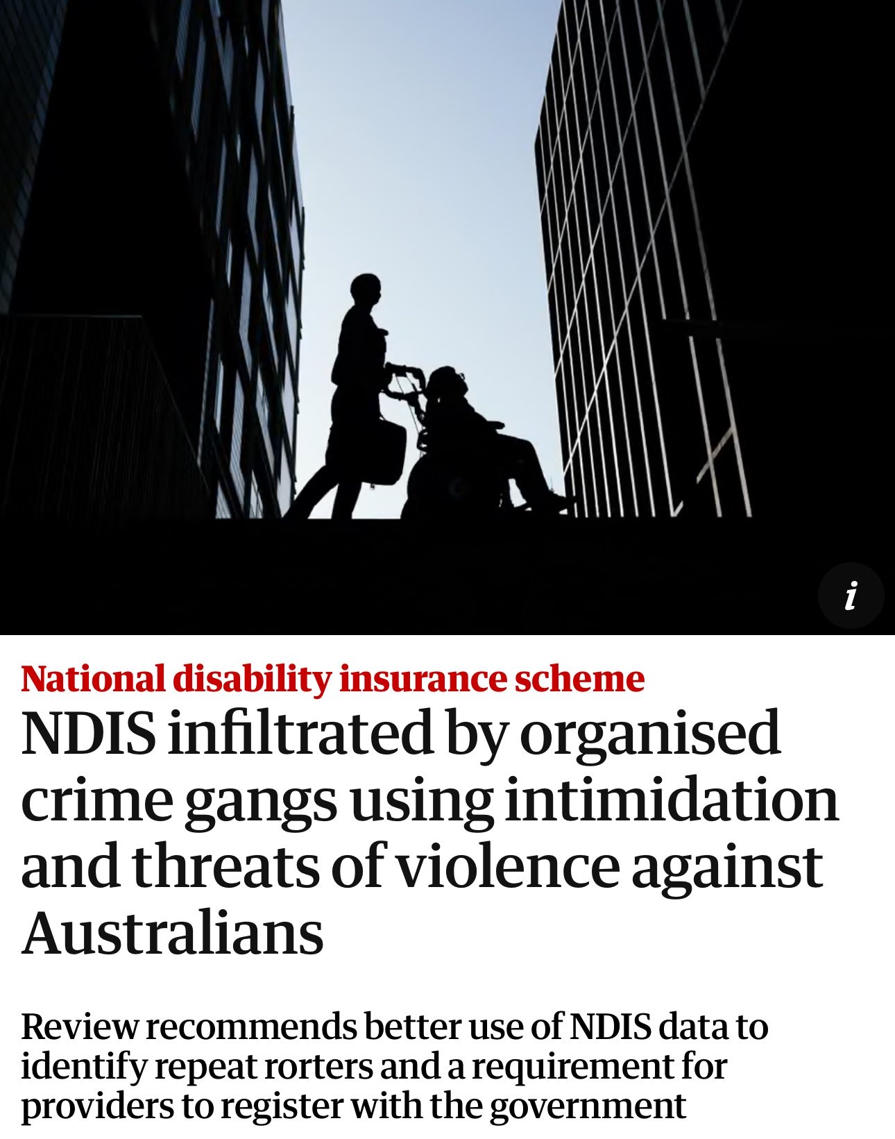 Silhouetted figures on a ledge between tall buildings, including a person in a wheelchair, against a pale blue sky.