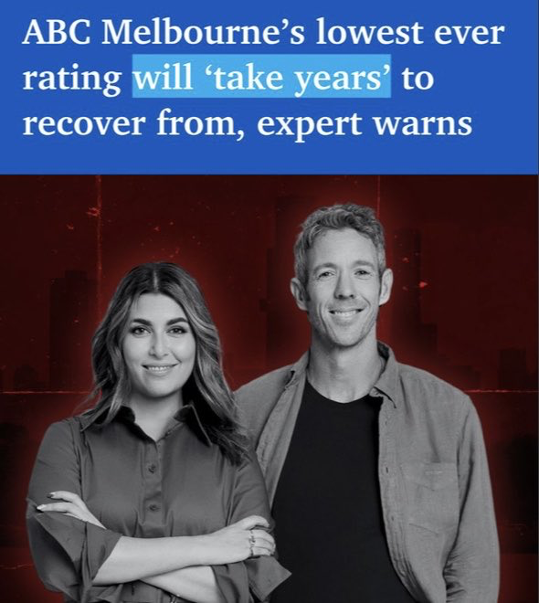 News banner: "ABC Melbourne's lowest ever rating will ‘take years’ to recover from, expert warns" with a photo of a smiling man and woman presenters beneath the headline.
