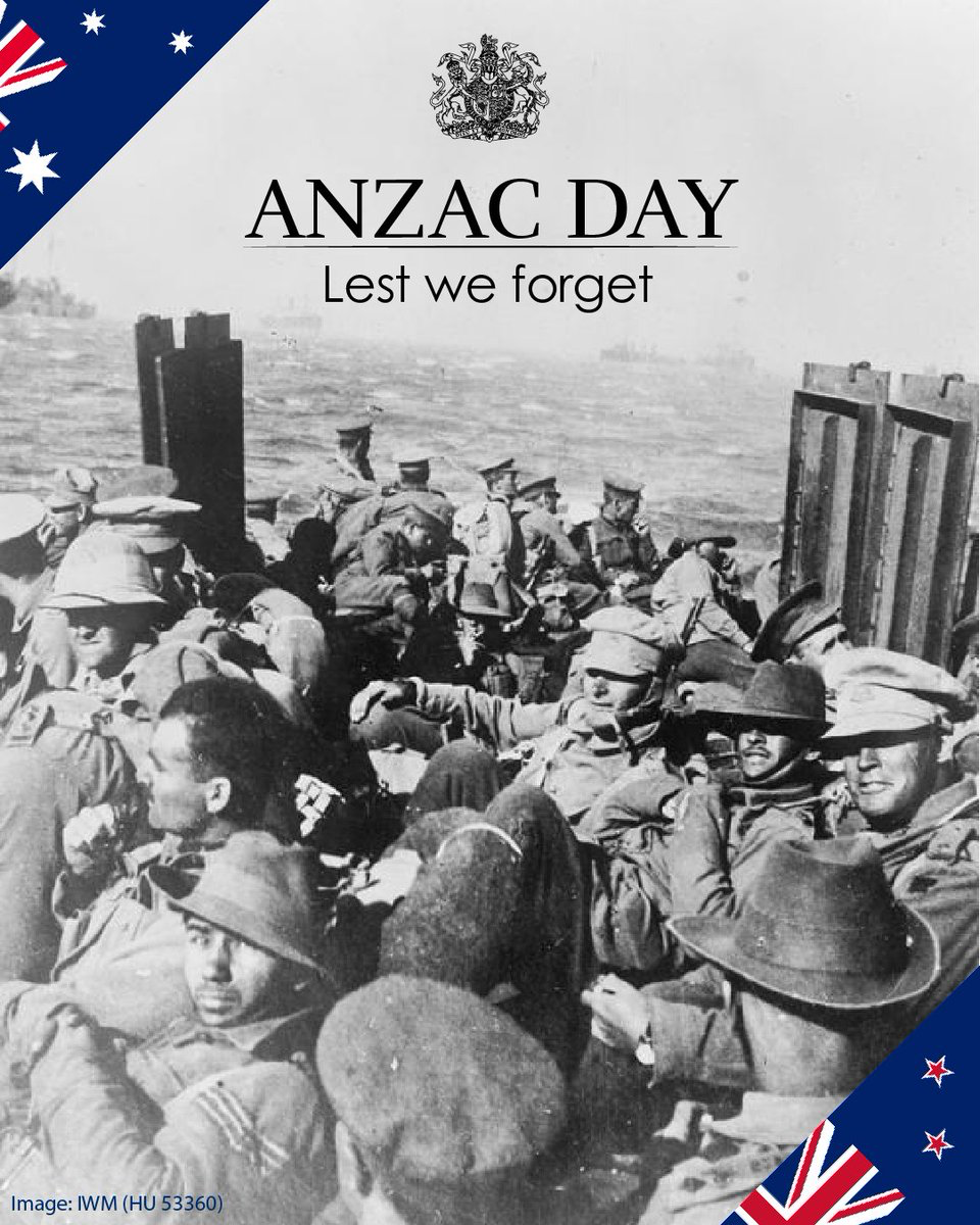 Black-and-white WWI soldiers packed into a landing craft, overlaid with 'ANZAC DAY Lest we forget' and a crest at the top, commemorative poster.