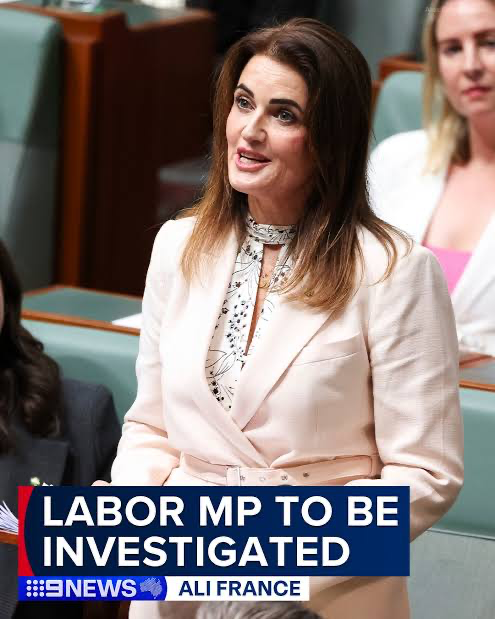 Australian parliament scene: woman in a pale pink suit speaking, news banner reads 'LABOR MP TO BE INVESTIGATED' (Ali France, 9News)