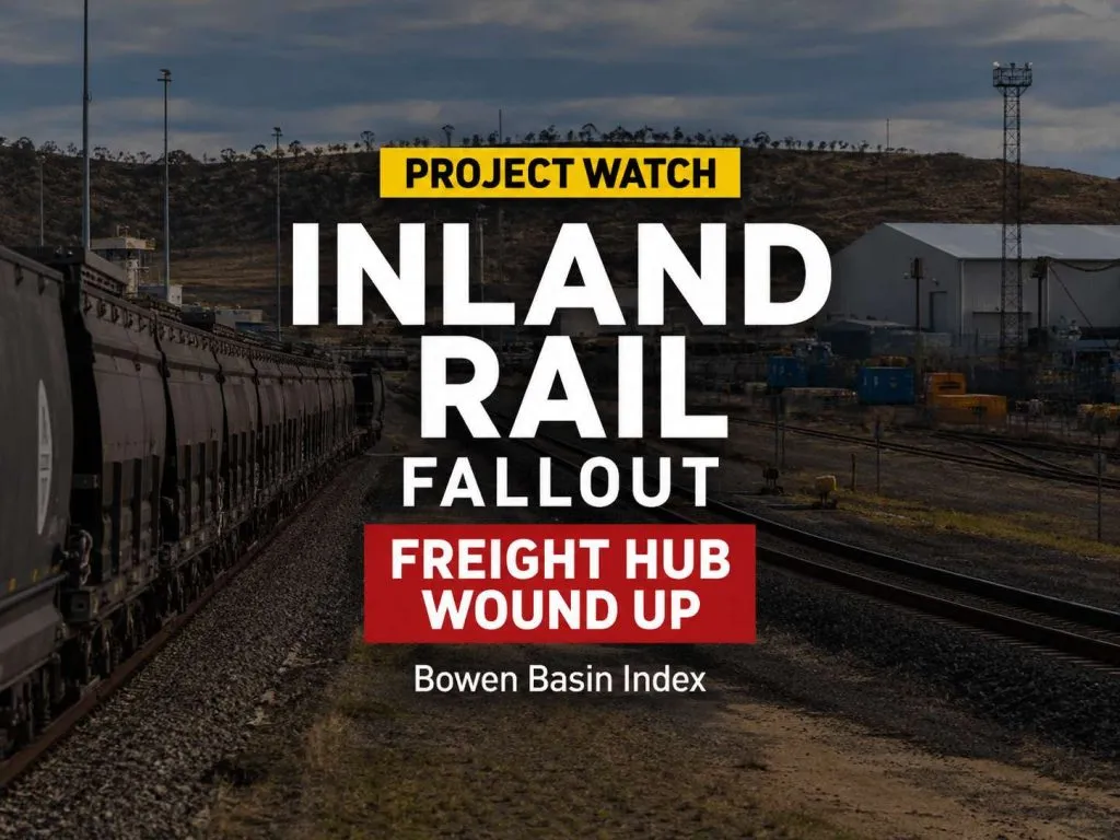 Project Watch title card about Inland Rail with a freight yard in the background, showing large white text and red/yellow accent bars.
