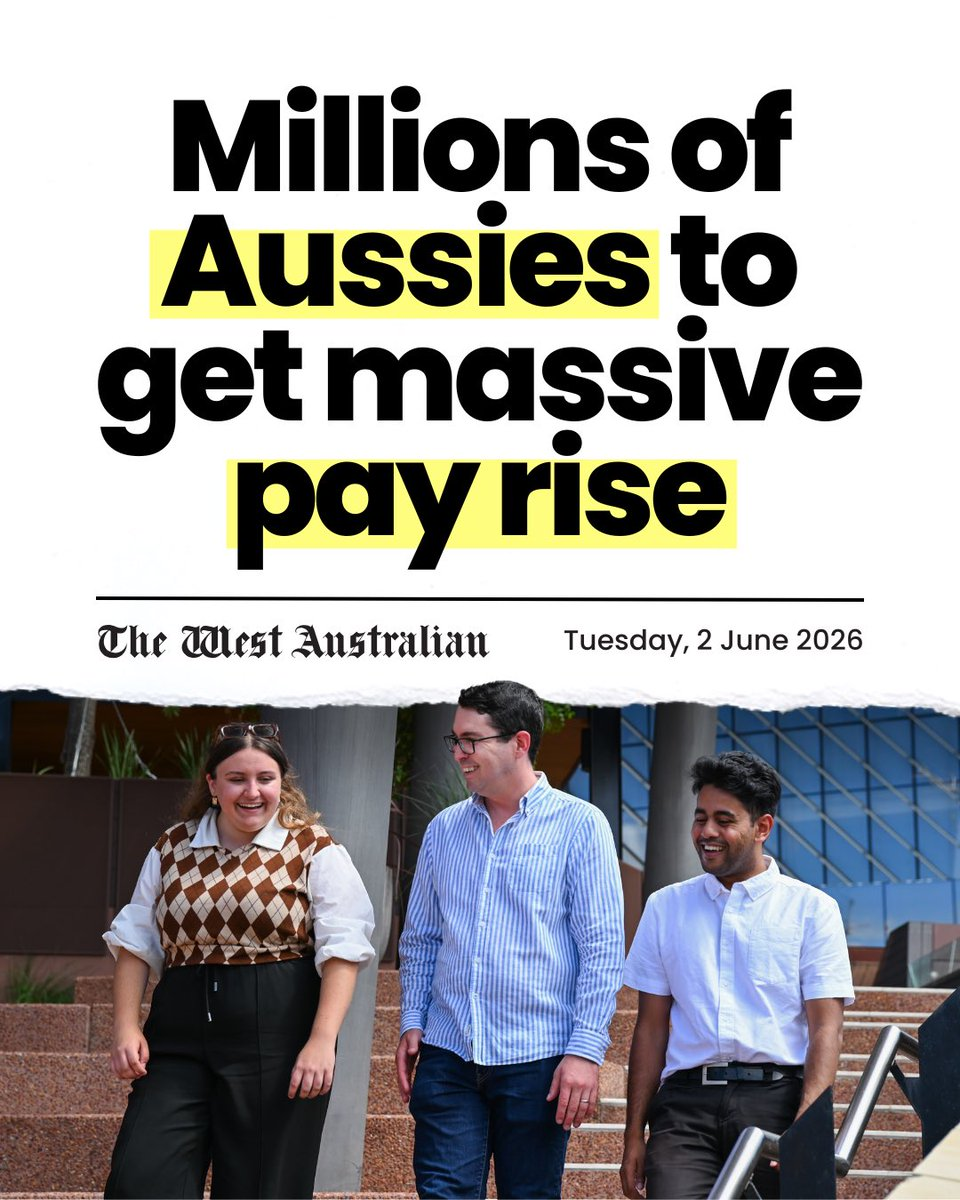 News banner: 'Millions of Aussies to get massive pay rise' with yellow highlights; three people walking down steps outside a modern building.