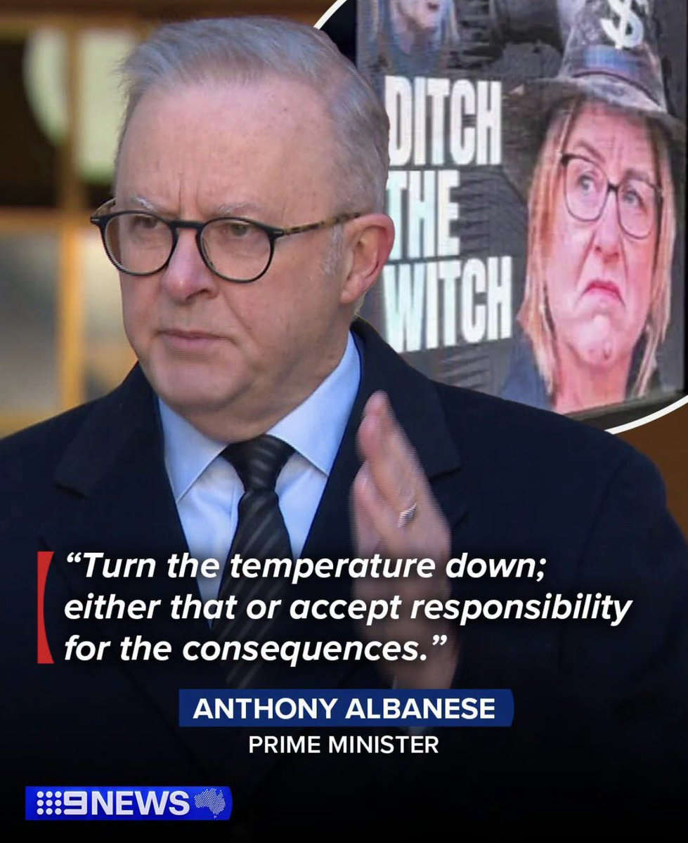 Close-up of a man in a dark suit and glasses speaking, with a large white quote overlay: 'Turn the temperature down; either that or accept responsibility for the consequences.' A blue banner beneath reads 'PRIME MINISTER,' and a Nine News logo appears in the corner; a poster with a woman's face is visible in the background.