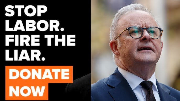 Split image: left panel with bold white text 'STOP LABOR. FIRE THE LIAR. DONATE NOW' on black; right panel shows a man in a navy suit and tortoiseshell glasses outdoors, looking upward.