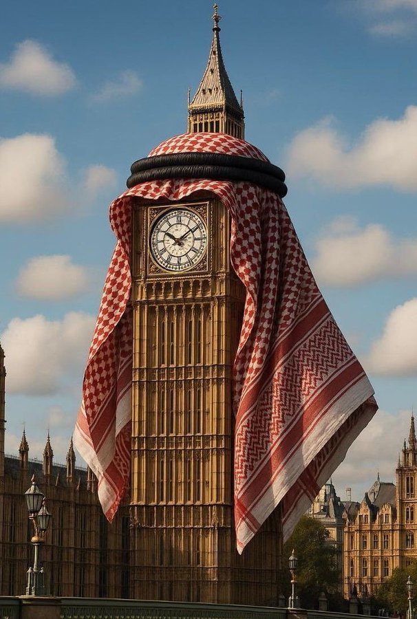 Big Ben wearing a red-and-white checkered scarf draped over the clock tower under a blue sky.