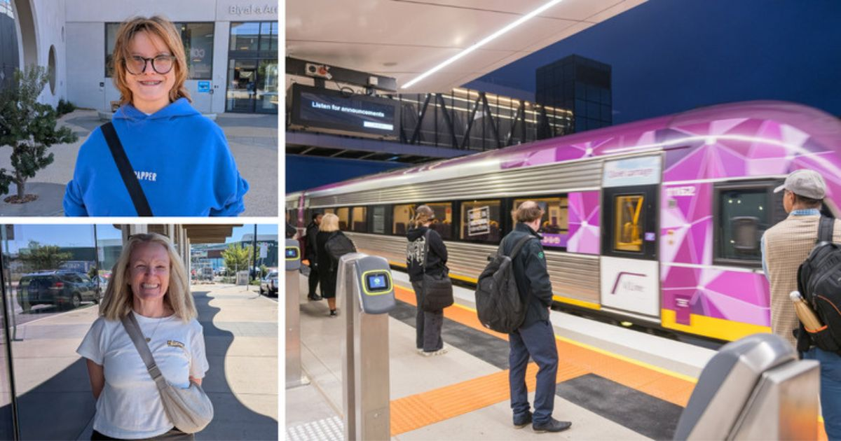 Collage of two smiling women posing outdoors plus a purple metro train at a station with commuters the platform.