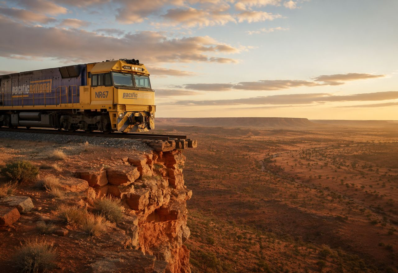 Yellow freight locomotive (NR67) of Pacific National sits on a rail line perched on a rocky cliff overlooking a desert landscape at sunset.