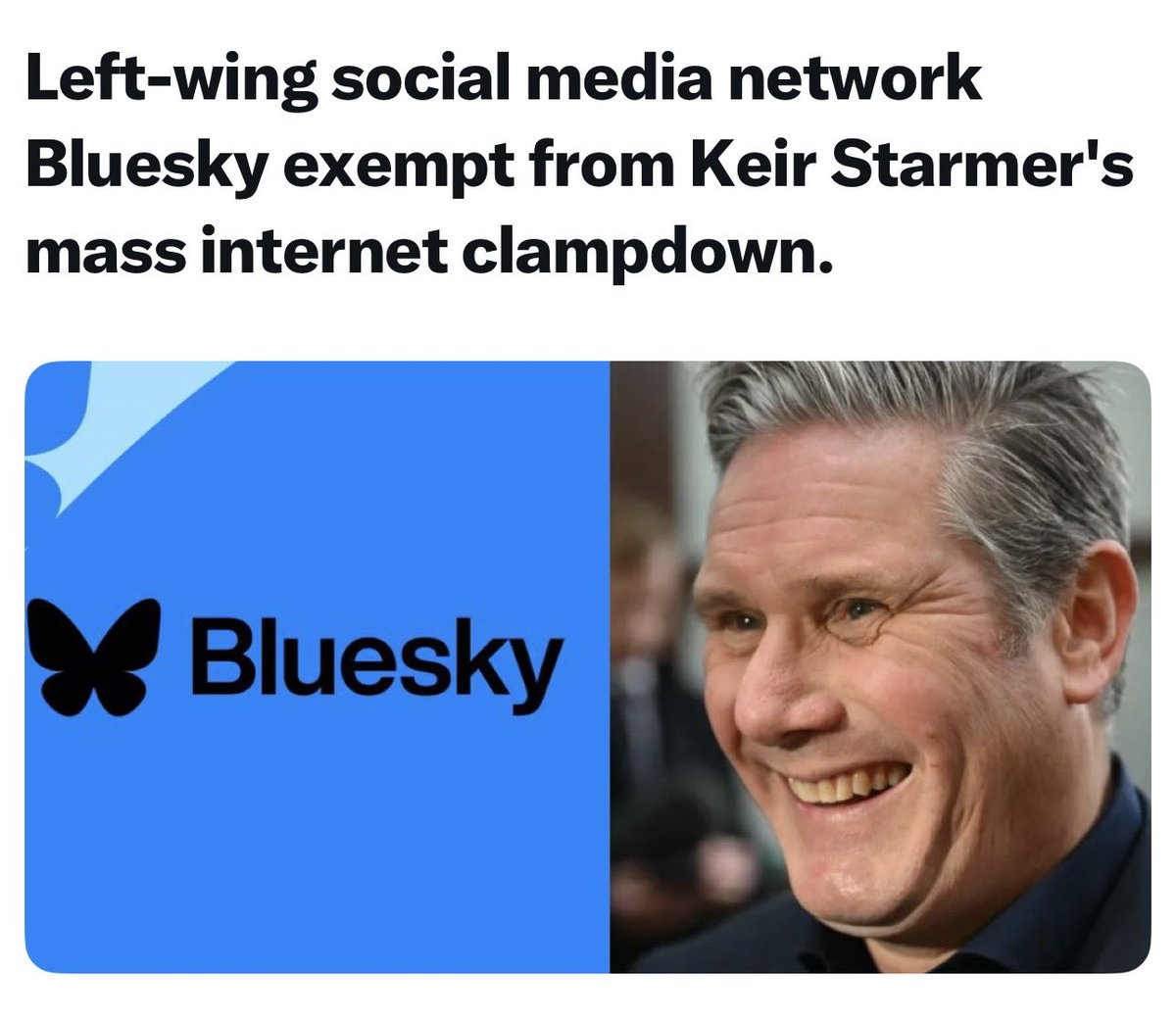 News headline about Bluesky being exempt from Keir Starmer's mass internet clampdown; Bluesky logo on the left, Keir Starmer smiling on the right.
