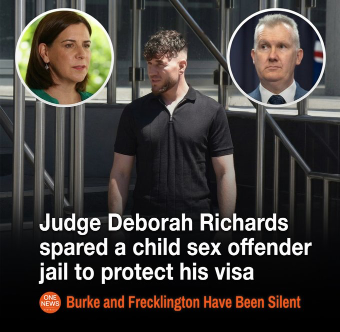 News thumbnail: man in a black polo walking, with inset portraits of a judge on the left and a politician on the right; headline alleges the judge spared a child sex offender to protect a visa.