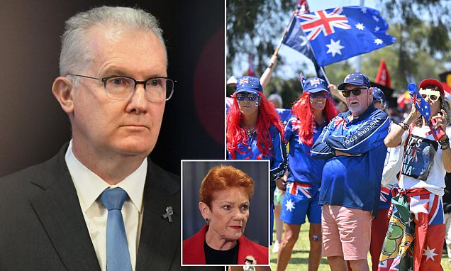Collage: left—man in a suit and glasses; center—inset portrait of an older woman; right—a crowd of Australians at a flag-waving rally.