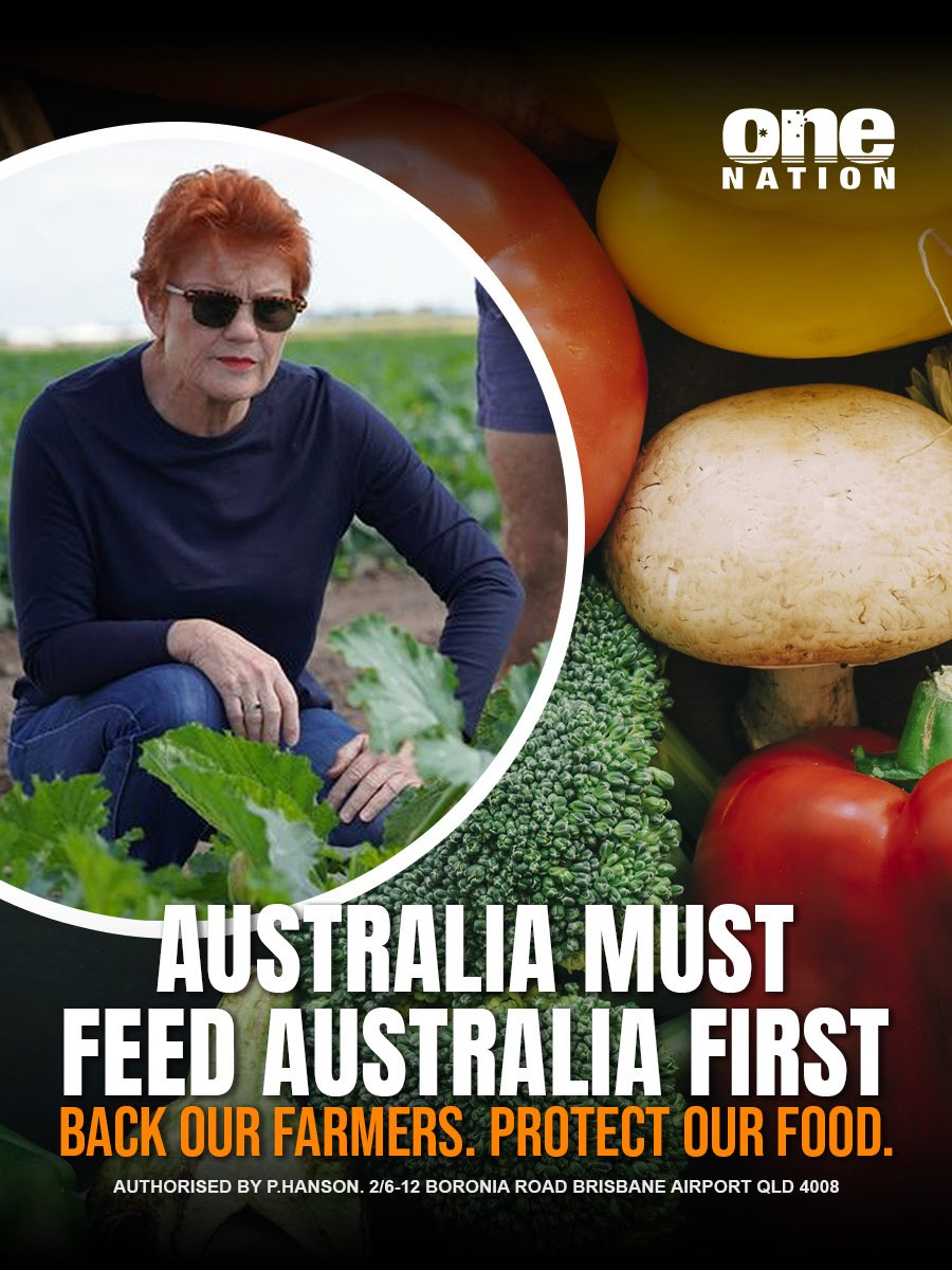 Campaign poster urging support for Australian farmers, featuring an older woman in a vegetable field inside a white circle and the One Nation logo in the corner.