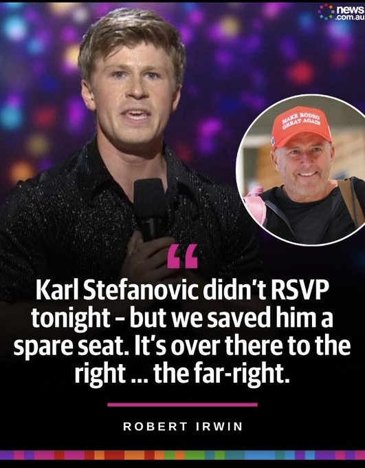News graphic with Karl Stefanovic quote about RSVP, plus an inset photo of a man in a red 'Make Roger Great Again' hat; caption reads Robert Irwin.